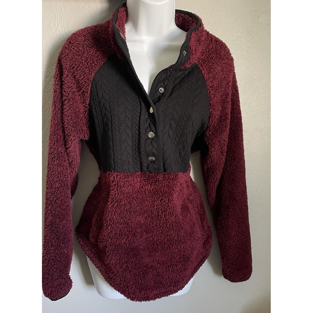 Maurices Womens Small Dark Red Faux Fur‎ Jacket Snap Sherpa Pullover Sweater